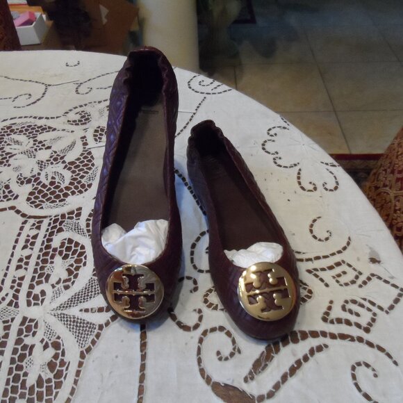 New Tory Burch Burgundy/Wine "Quinn" Quilted Calf Leather Ballet Flats Size 8M - Picture 1 of 14